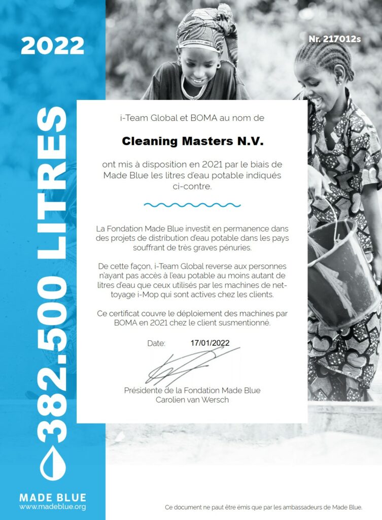 Made Blue Foundation - drinking water for everyone - certificate Cleaning Masters 2022