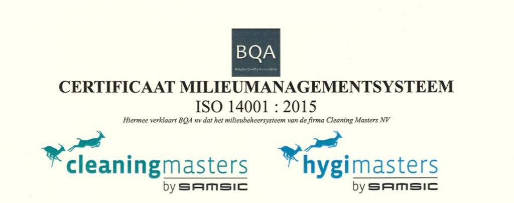 Cleaning Masters en Hygi Masters zijn ISO14001 gecertificeerd