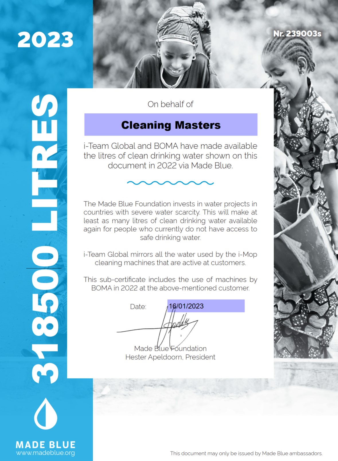 Cleaning Masters - certificaat Made Blue Foundation 2023