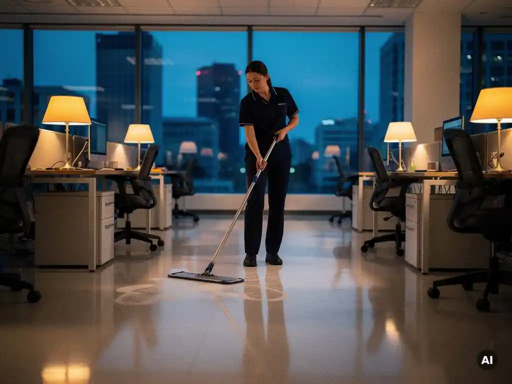 Schoonmaker in uniform dweilt glanzende kantoorvloer bij schemering, met warme bureaulampen en blauwe avondlucht door raamwanden.