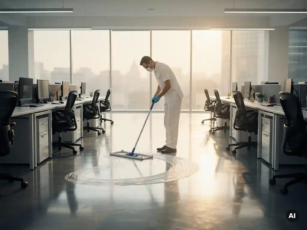 Professionele schoonmaker in uniform die een open kantoorvloer dweilt bij vroeg ochtendlicht, met lege bureaus op de achtergrond.