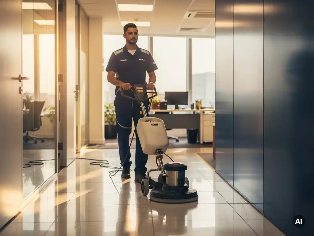 Schoonmaaktechnicus in uniform die een vloerpolijstmachine bedient in een glanzende open kantoorgang met warme verlichting.