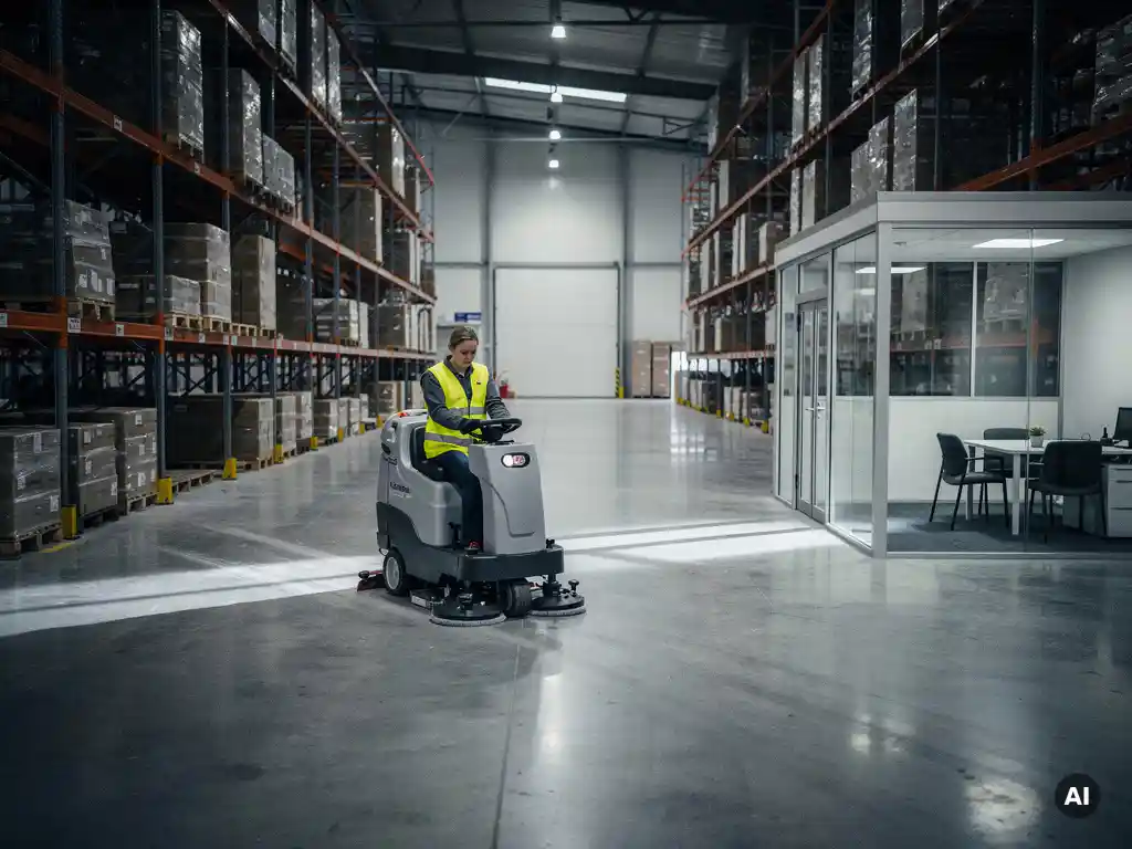 Professionele schoonmaker in veiligheidsvest bestuurt een industriële rijdende schrobmachine op betonnen magazijnvloer met hoge metalen stellingen.