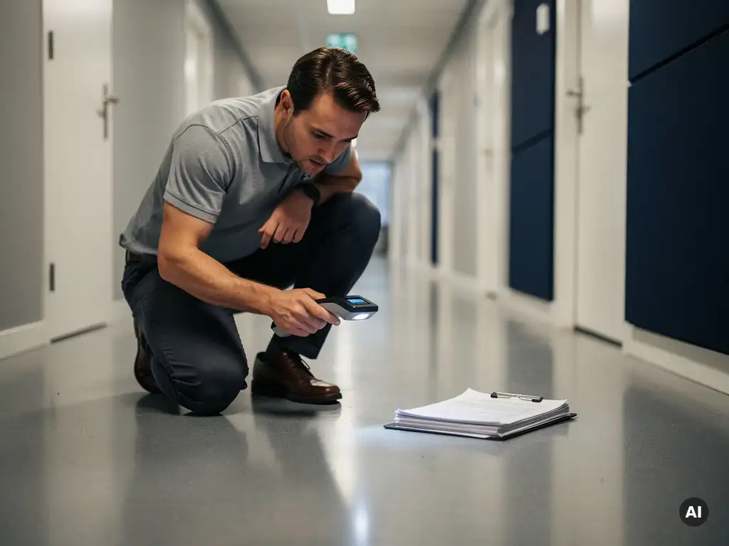 Schoonmaaksinspecteur meet glanswaarde van gepolijste kantoorvloer met luminescentiemeter in moderne Belgische bedrijfsgang.