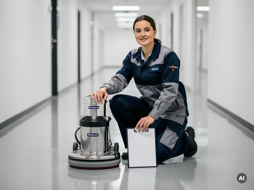 Schoonmaaksupervisor knielt naast industriële vloerpolijstmachine in kantoorgang met glanzende grijze vloer en klembord.