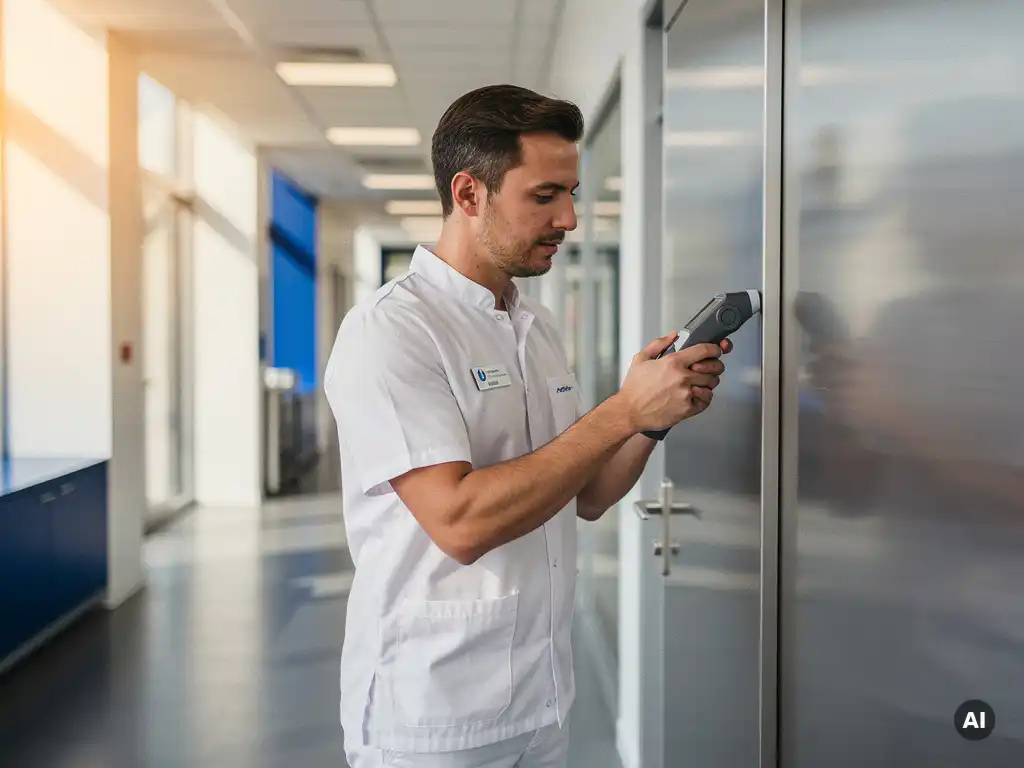 Schoonmaaktechnicus in wit uniform inspecteert roestvrijstalen oppervlak in Belgisch bedrijfsgebouw met hygiënemeetinstrument.