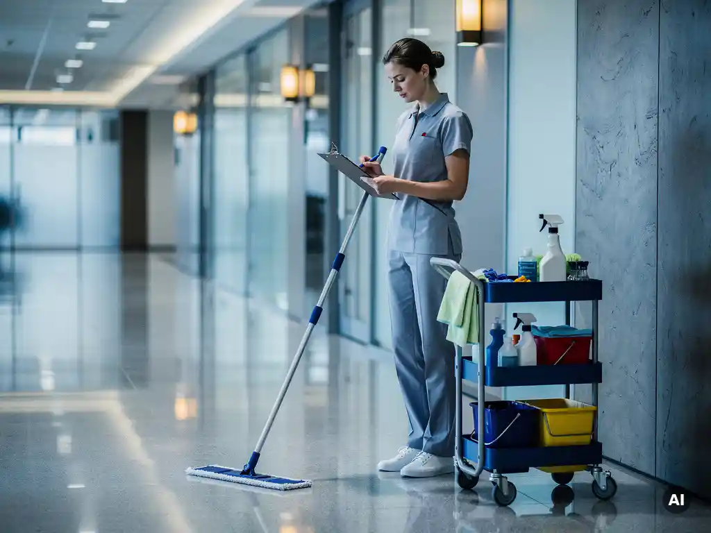Professionele schoonmaker in uniform controleert klembordchecklist in glanzende kantoorgang met microvezel mop en kleurgecodeerde schoonmaakkar.