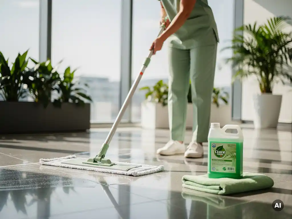 Professionele schoonmaker in uniform die kantoorvloer dweilt, met eco-vriendelijk schoonmaakmiddel en microvezeldoek op de voorgrond.
